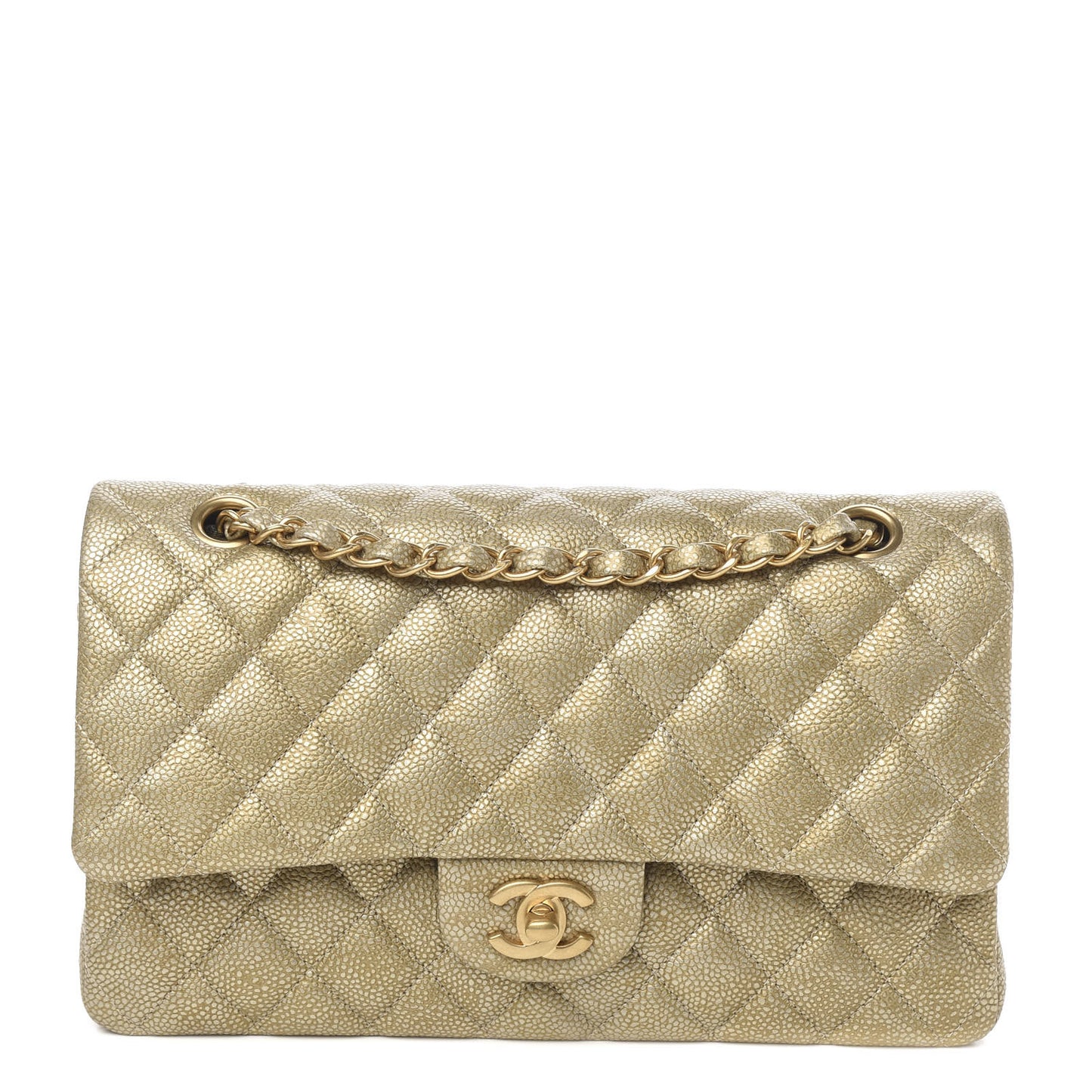 Metallic Caviar Quilted Medium Double Flap Gold