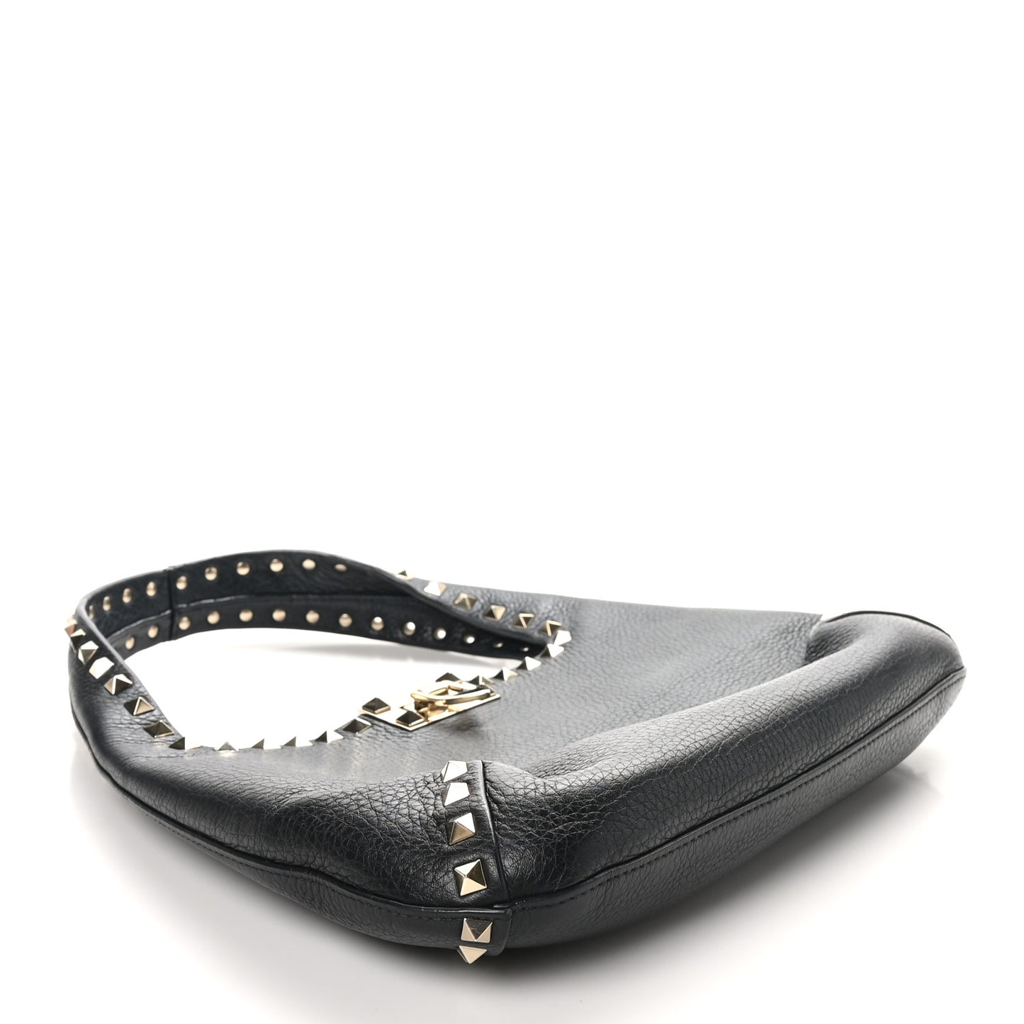 Grained Calfskin Small Rockstud Hobo Black