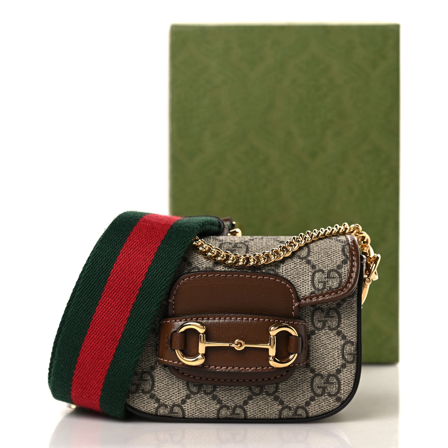 GG Supreme Monogram Azalea Calfskin Web Horsebit 1955 Wallet On Strap Beige Ebony Brown Sugar