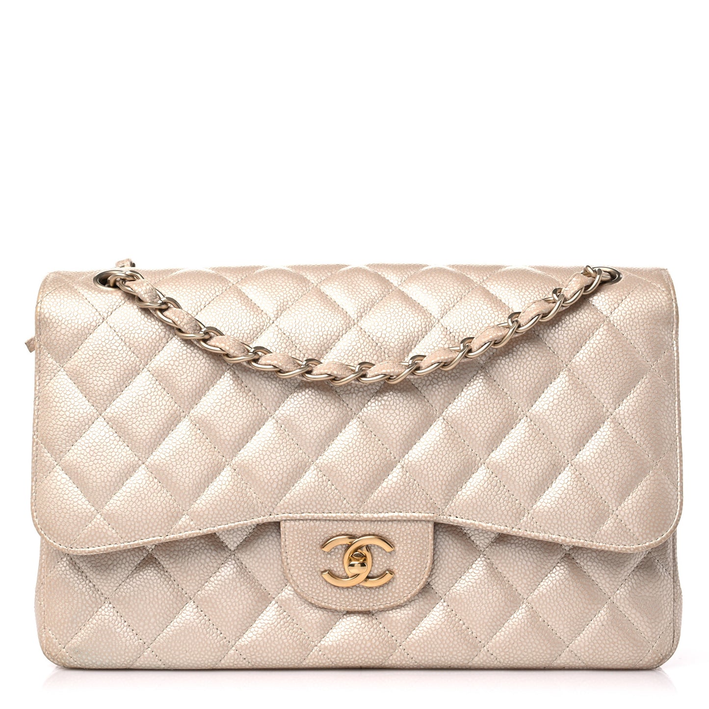 Pearly Caviar Quilted Jumbo Double Flap Light Beige
