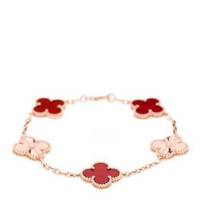 Van Cleef & Arpels 18K Rose Gold Carnelian 5 Motifs Guilloche Vintage Alhambra Bracelet 1 of 6