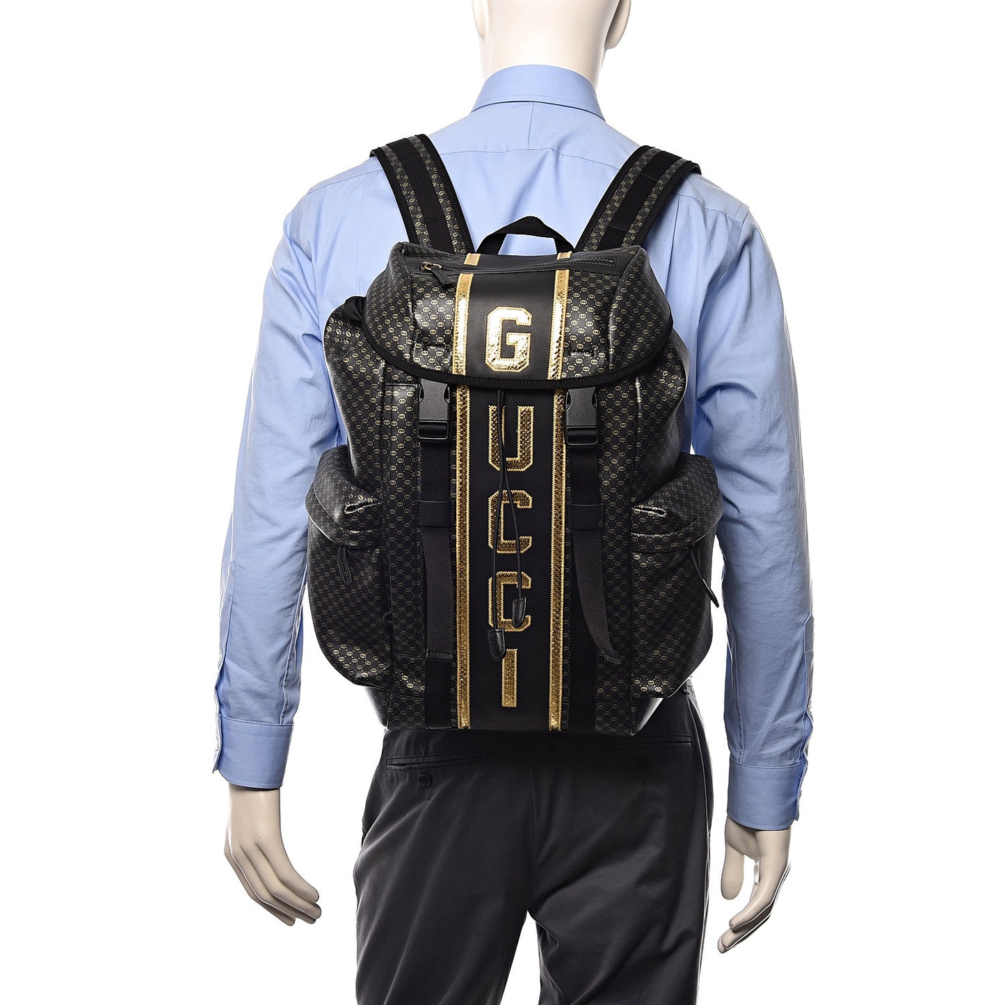 X DAPPER DAN Calfskin Laminated Ayers GG Micro Monogram Double Buckle Backpack Black Gold