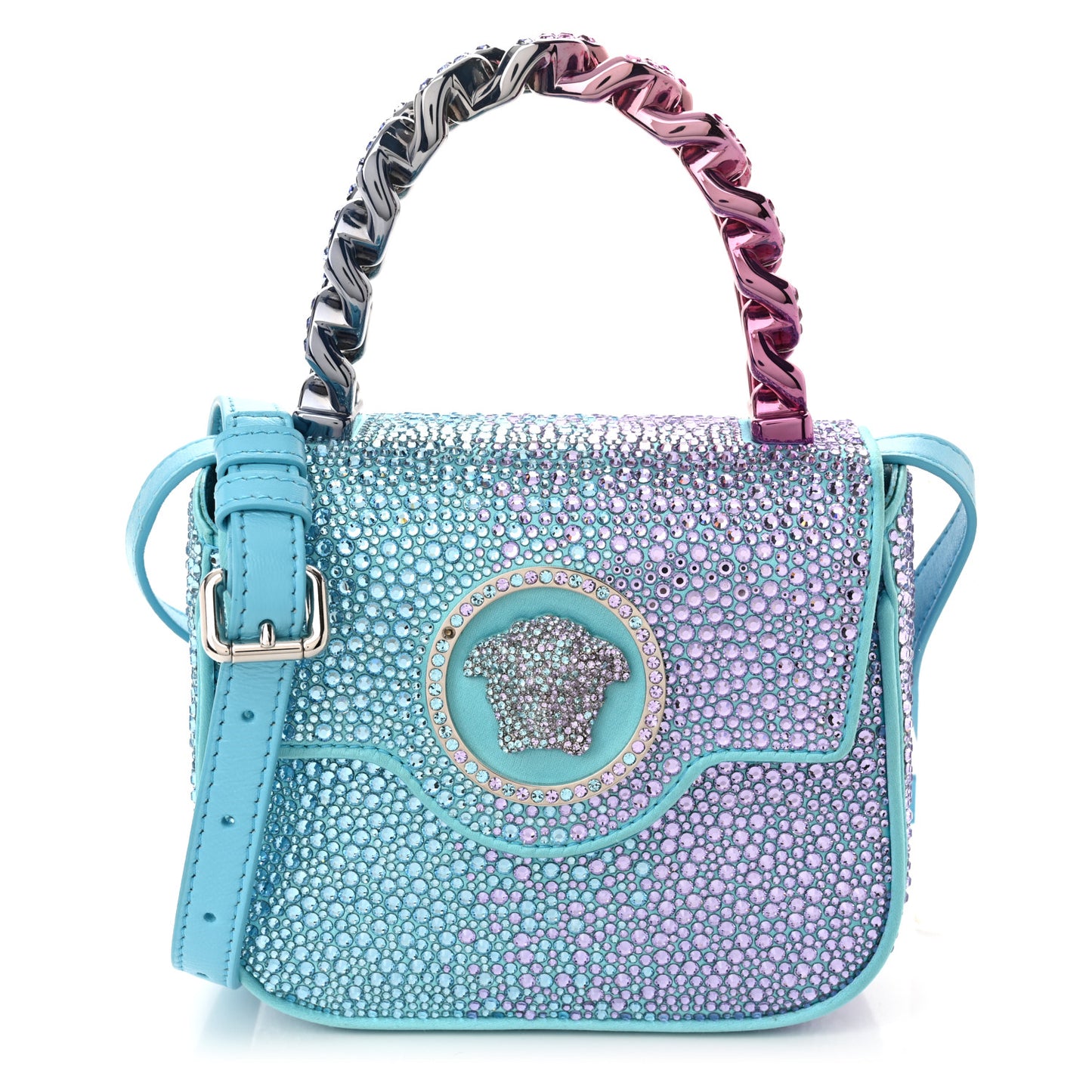Satin Crystal Studded Mini La Medusa Bag Blue