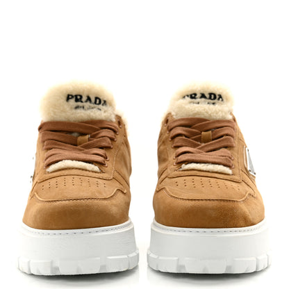 Prada Suede Shearling Triangle Logo Downtown Sneakers 40 Ecru 2 of 8