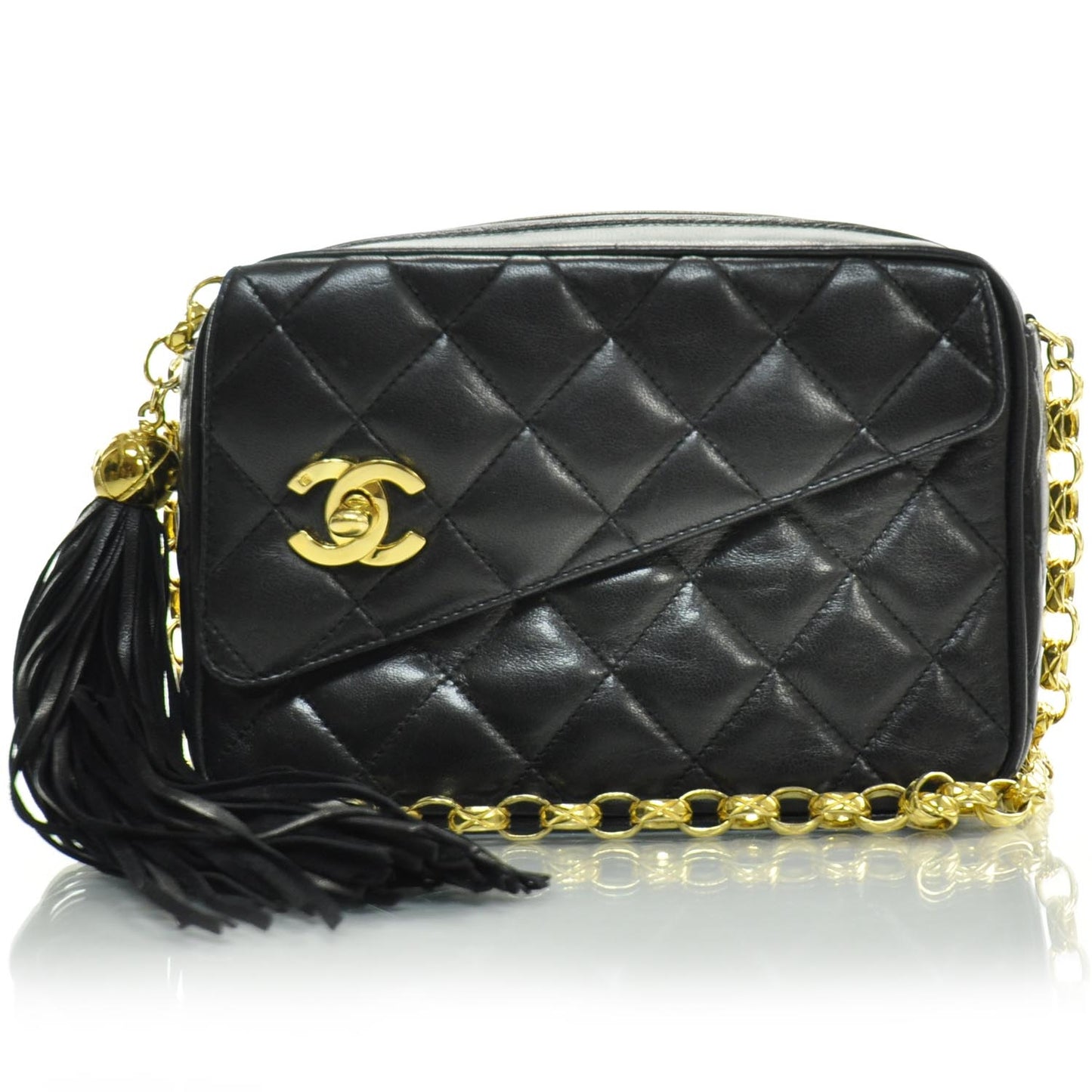 Quilted Lambskin Small Tassel Camera Case Black
