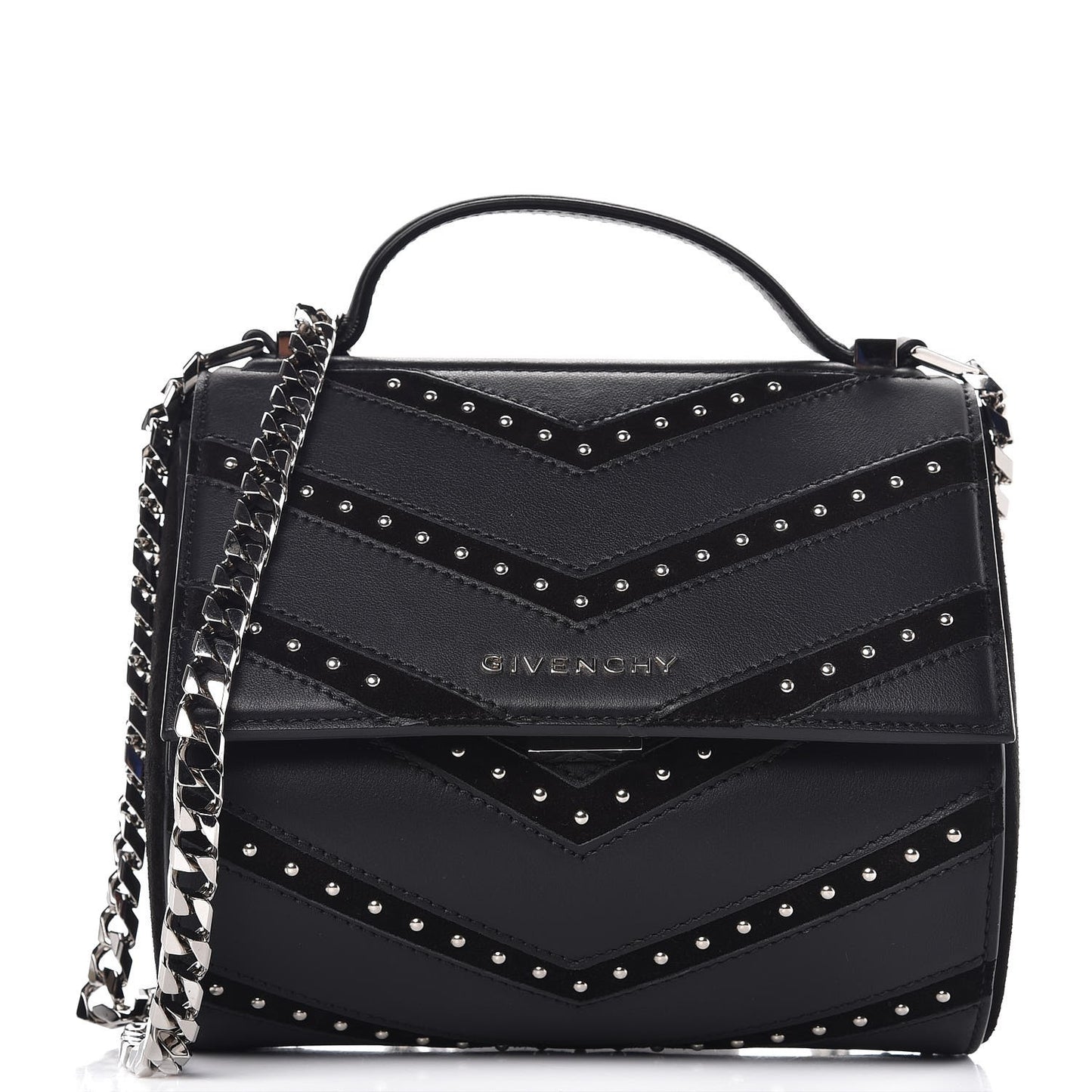 Calfskin Suede Mini Studded Chevron Pandora Box Crossbody Bag Black