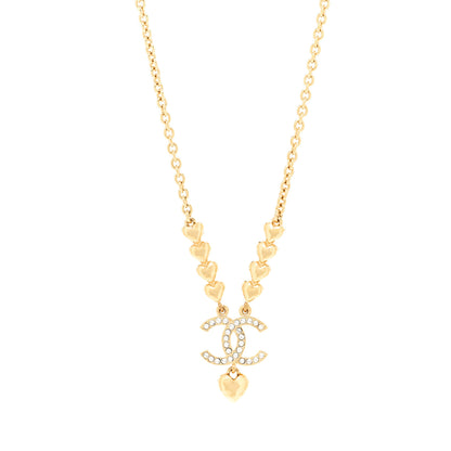 Chanel Crystal CC Heart Link Pendant Necklace Gold 1 of 7