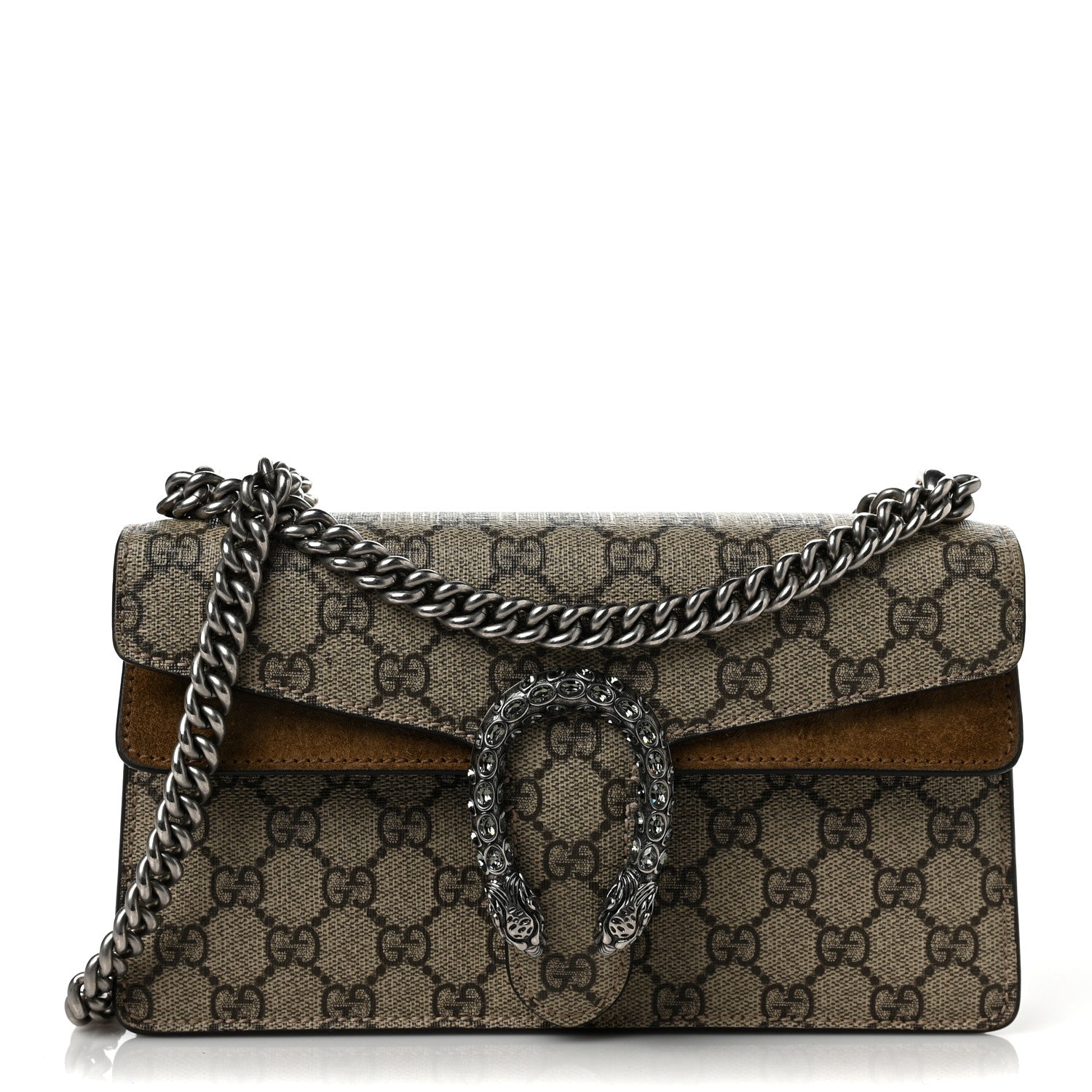 Gucci GG Supreme Monogram Suede Crystal Small Dionysus Shoulder Bag Beige Ebony Taupe 1 of 10