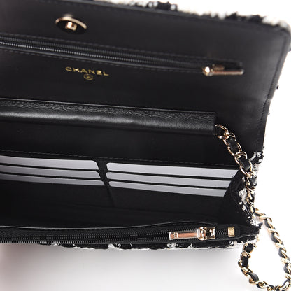 Chanel Tweed Quilted Wallet On Chain WOC Black Ecru White 4 of 10