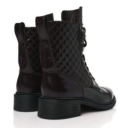 Chanel Shiny Calfskin Quilted CC Lace Up Combat Boots 40 Dark Burgundy 4 of 9