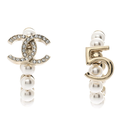 Chanel Crystal Pearl CC Hoop Earrings Gold White 1 of 4