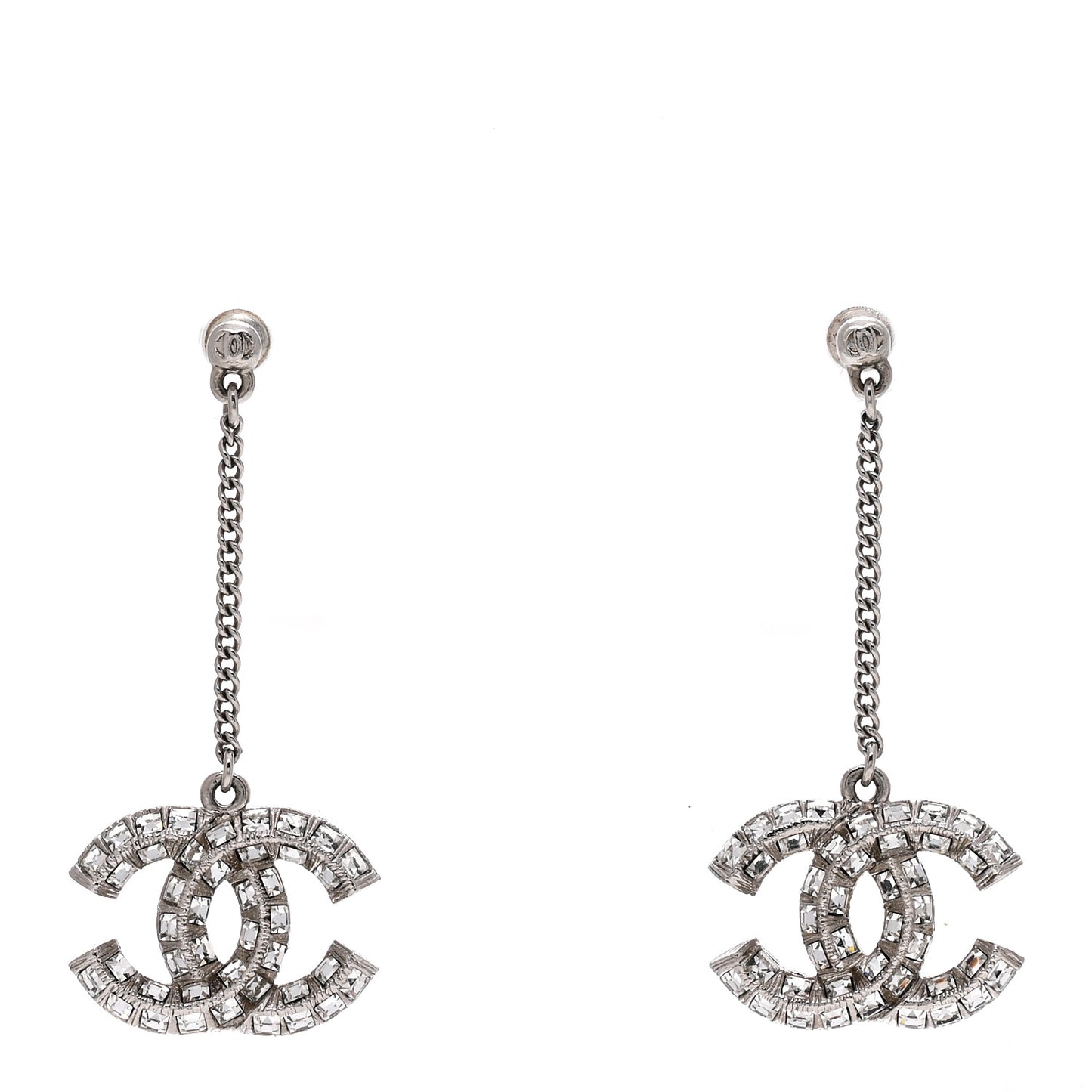 Baguette Crystal CC Drop Earrings Silver