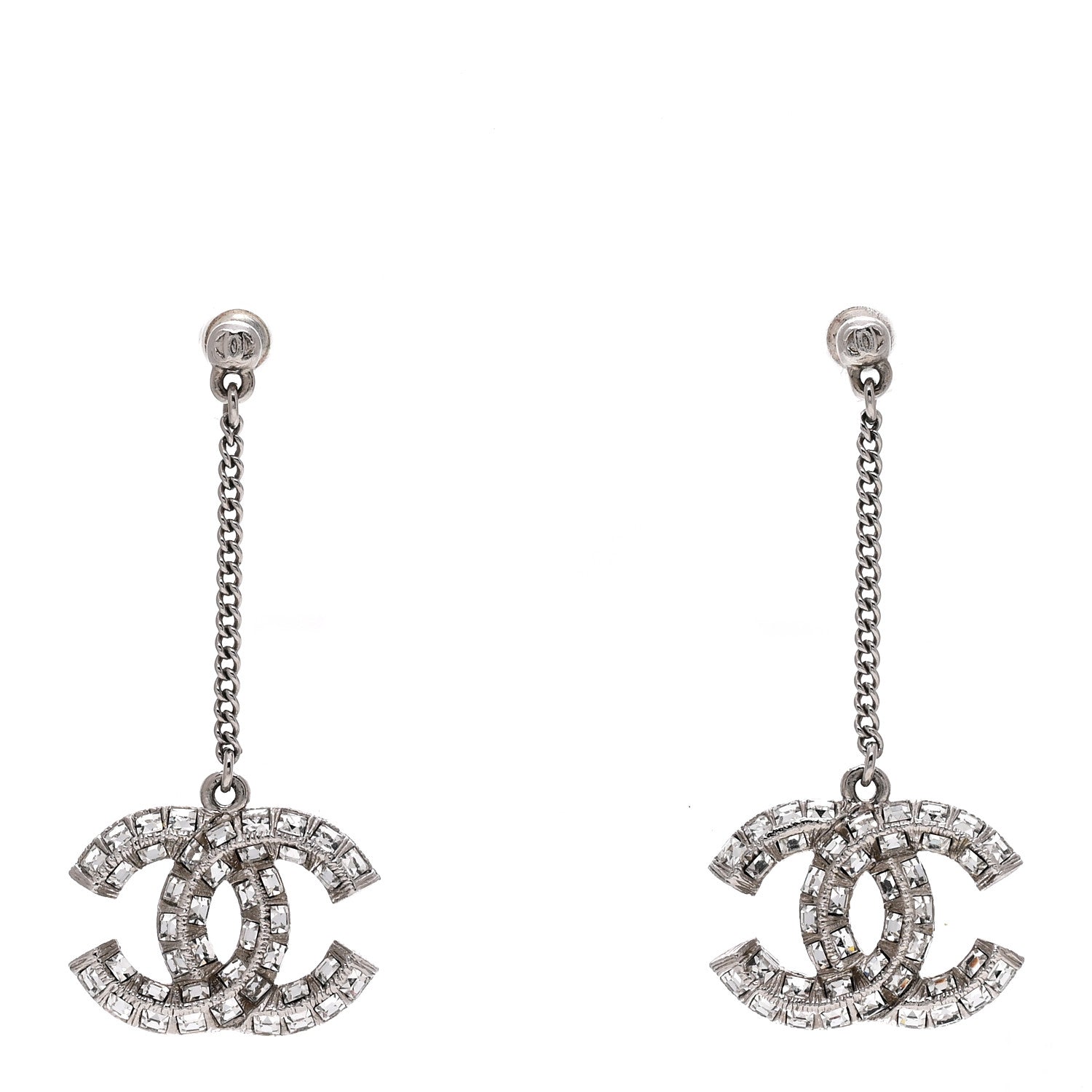 Chanel Baguette Crystal CC Drop Earrings Silver 1 of 3