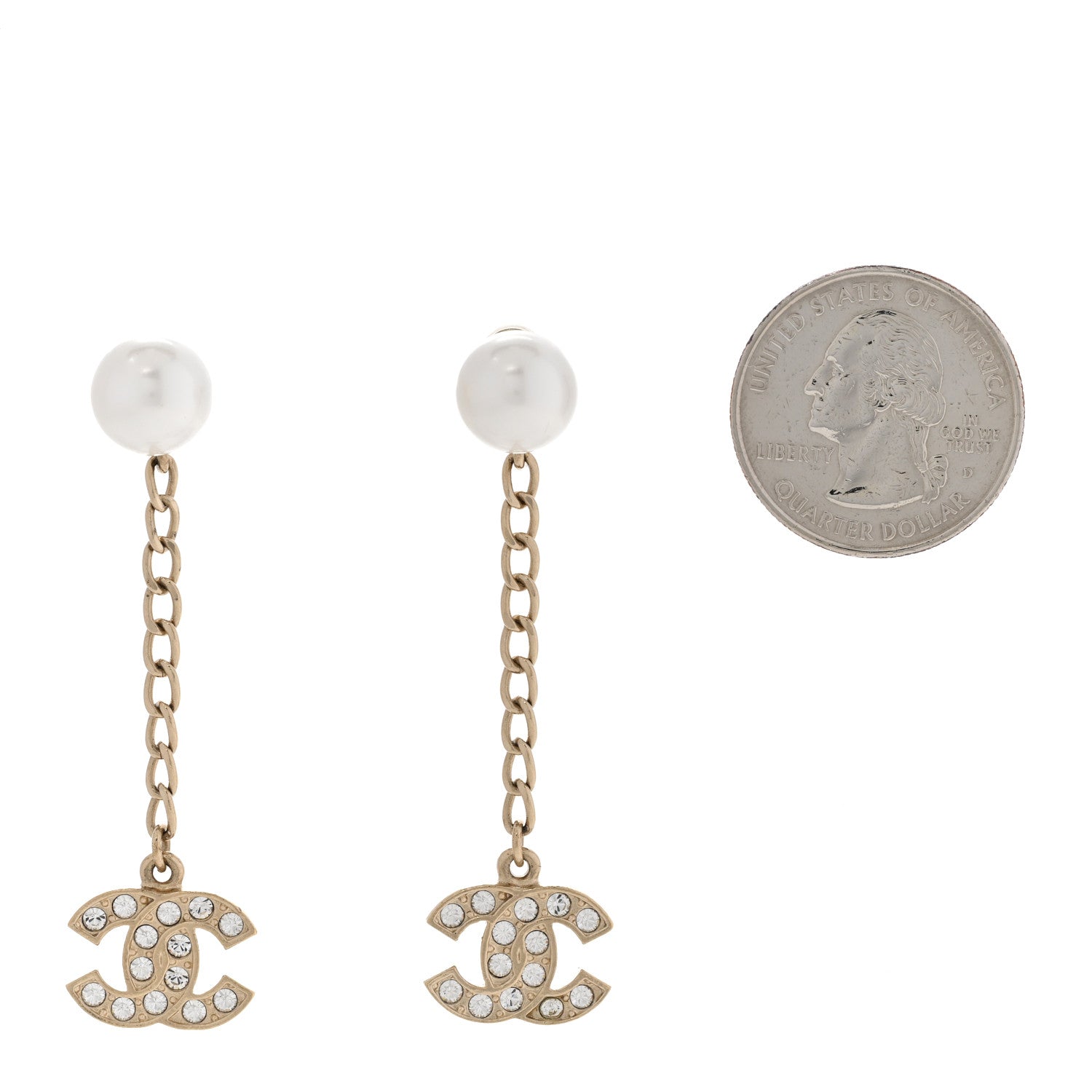 Chanel Pearl Crystal CC Long Drop Earrings Gold 2 of 4