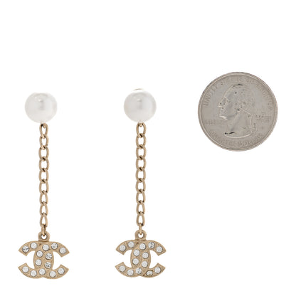Chanel Pearl Crystal CC Long Drop Earrings Gold 2 of 4