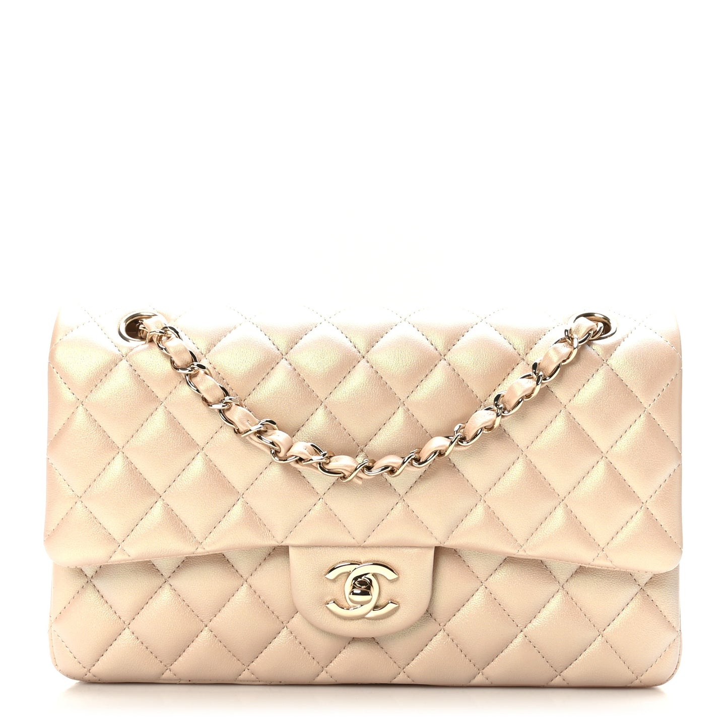 Iridescent Calfskin Quilted Medium Double Flap Beige