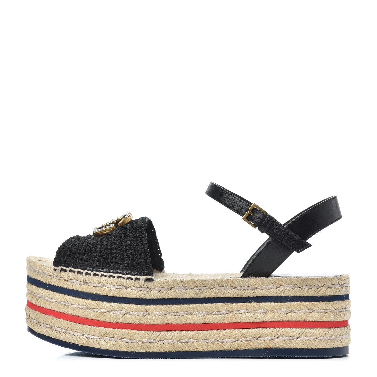 Gucci Cotton Malaga Kid Crochet Pearly GG Lilibeth Espadrille Platform Sandals 36 Black 1 of 18