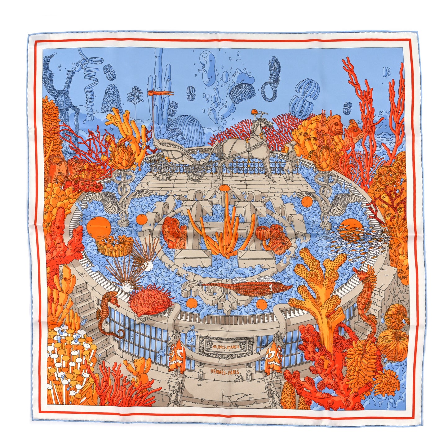Vintage Silk Ex Libris Atlantis Scarf 70 Ciel Orange Mastic