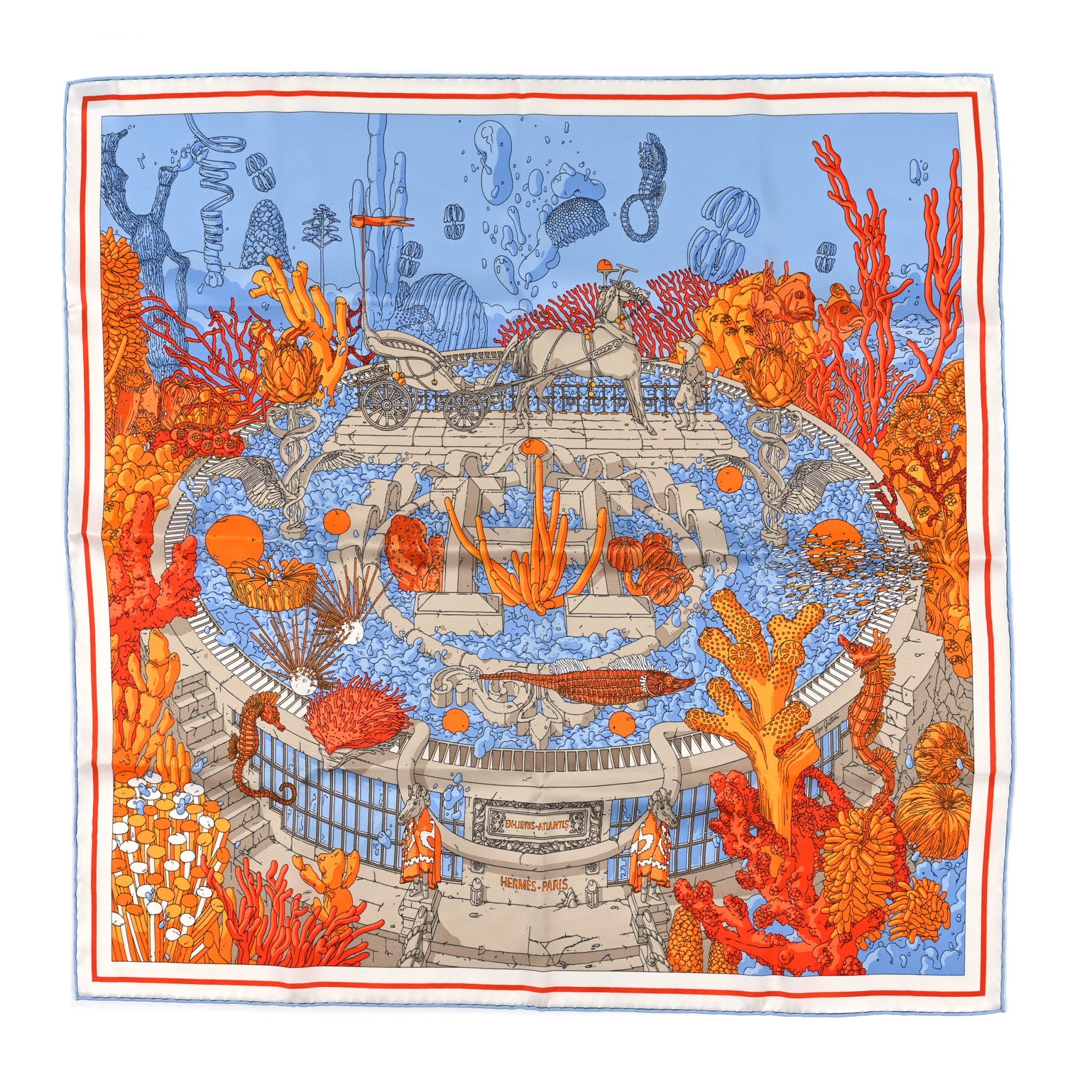 Hermes Vintage Silk Ex Libris Atlantis Scarf 70 Ciel Orange Mastic 1 of 3