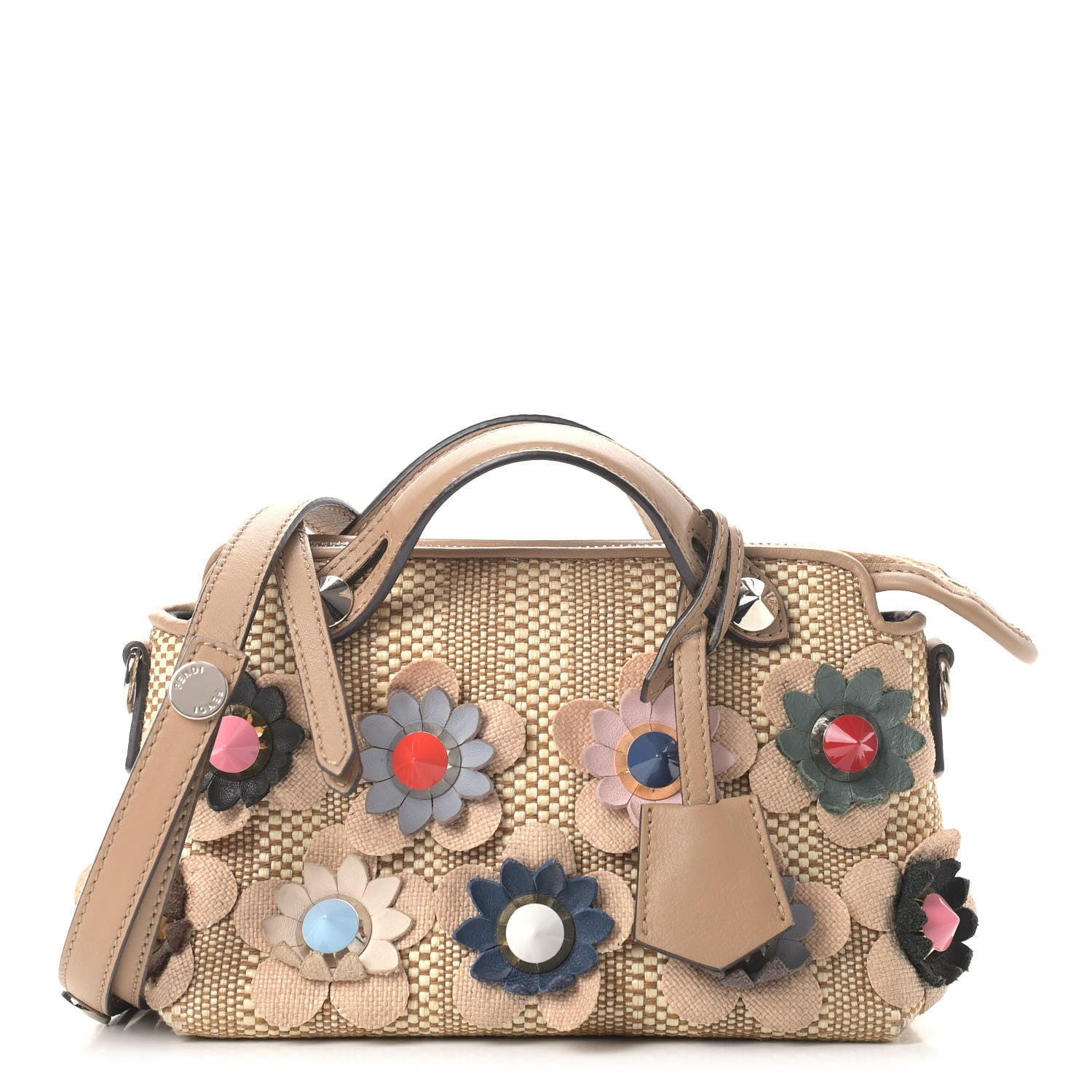 Fendi Paglia Vitello Dolce Flowerland Studded Striped Mini By The Way Boston Bag Natural Cuoio Multicolor 1 of 9