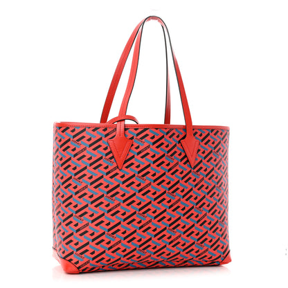 Versace Coated Canvas Calfskin La Greca Signature Shopper Tote Bag Blue Red 4 of 13