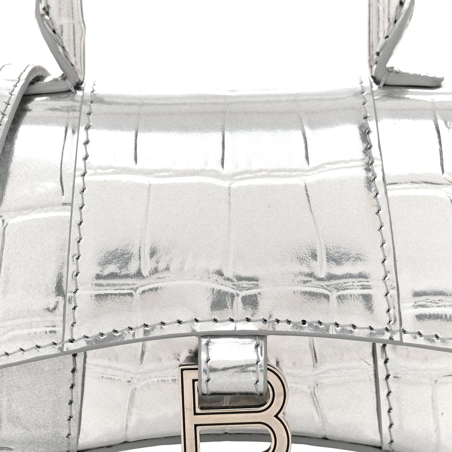 Metallic Calfskin Crocodile Embossed Hourglass Top Handle Bag Mini Silver
