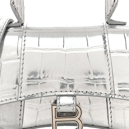 Balenciaga Metallic Calfskin Crocodile Embossed Hourglass Top Handle Bag Mini Silver 8 of 10