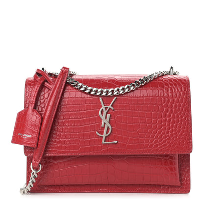 Saint Laurent Calfskin Crocodile Embossed Medium Monogram Sunset Rouge Eros 1 of 8