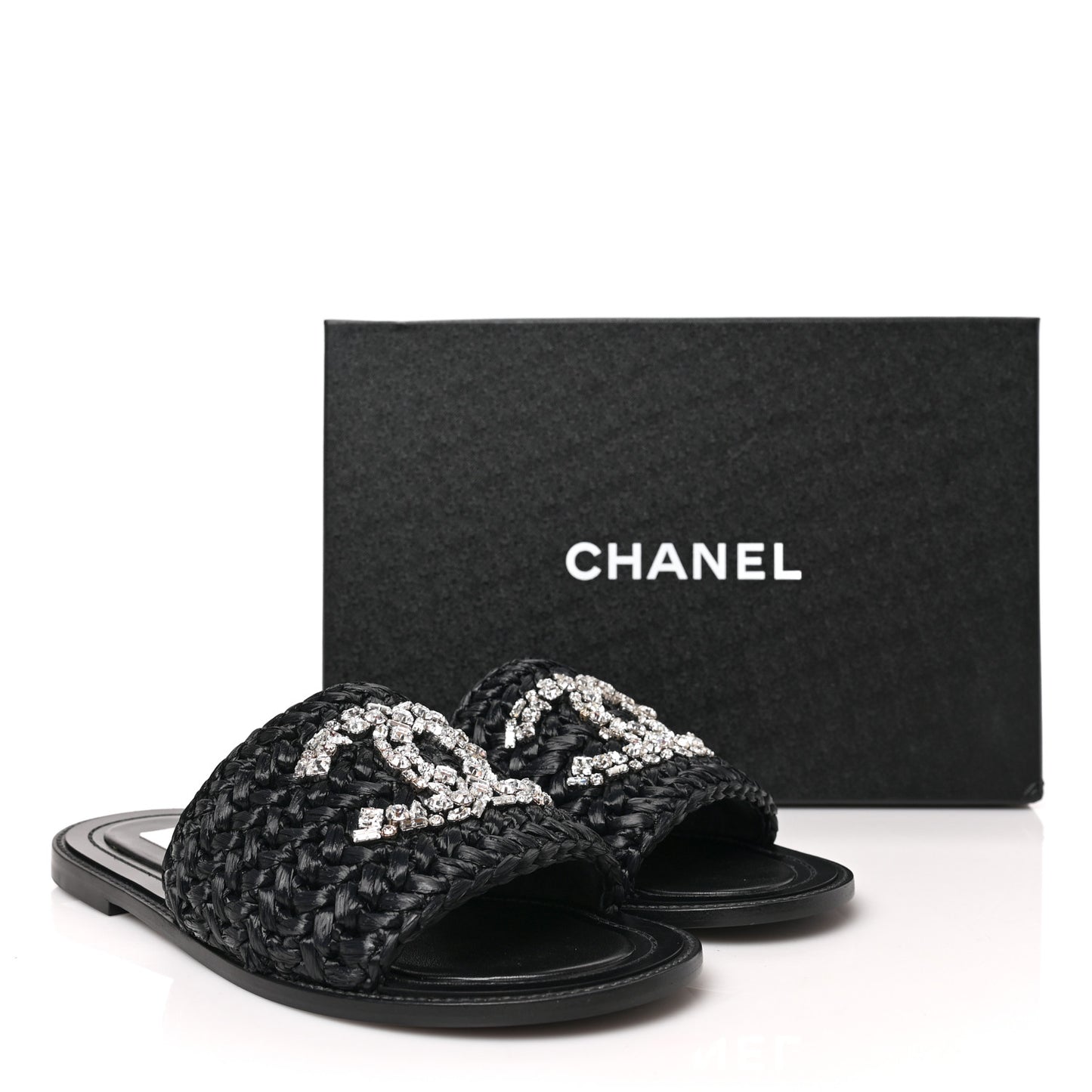 Raffia Crystal CC Mules Sandals 38.5 Black