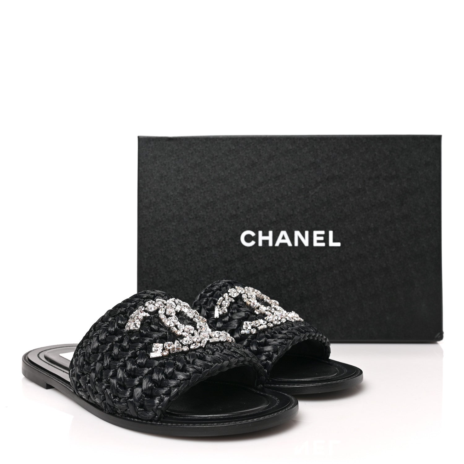 Chanel Raffia Crystal CC Mules Sandals 38.5 Black 9 of 9