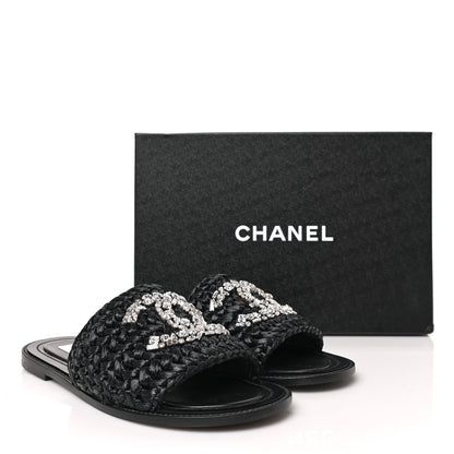 Chanel Raffia Crystal CC Mules Sandals 38.5 Black 9 of 9