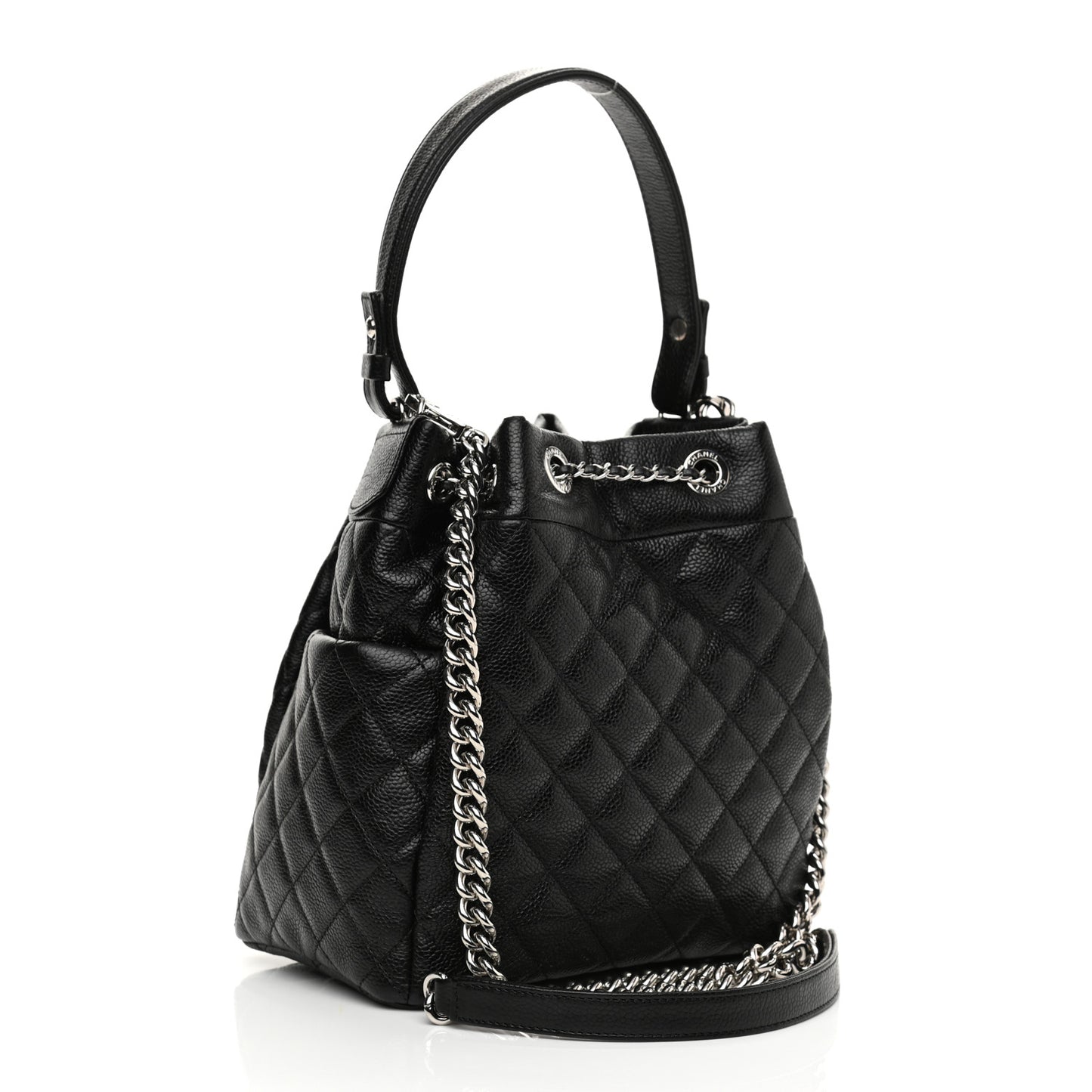 Caviar Quilted CC Chain Bucket Drawstring Bag Black