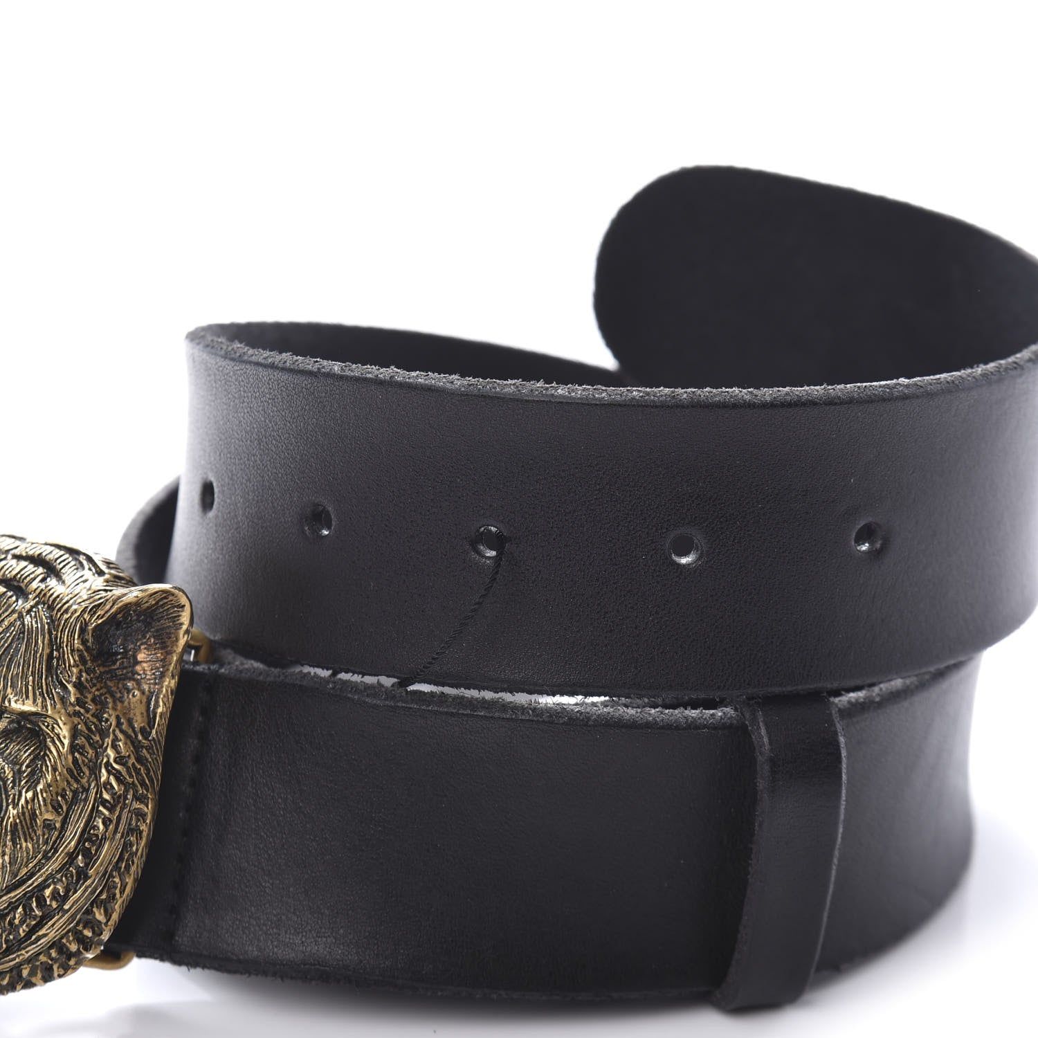 Gucci Calfskin Brass Feline Buckle Belt 80 32 Black 3 of 5