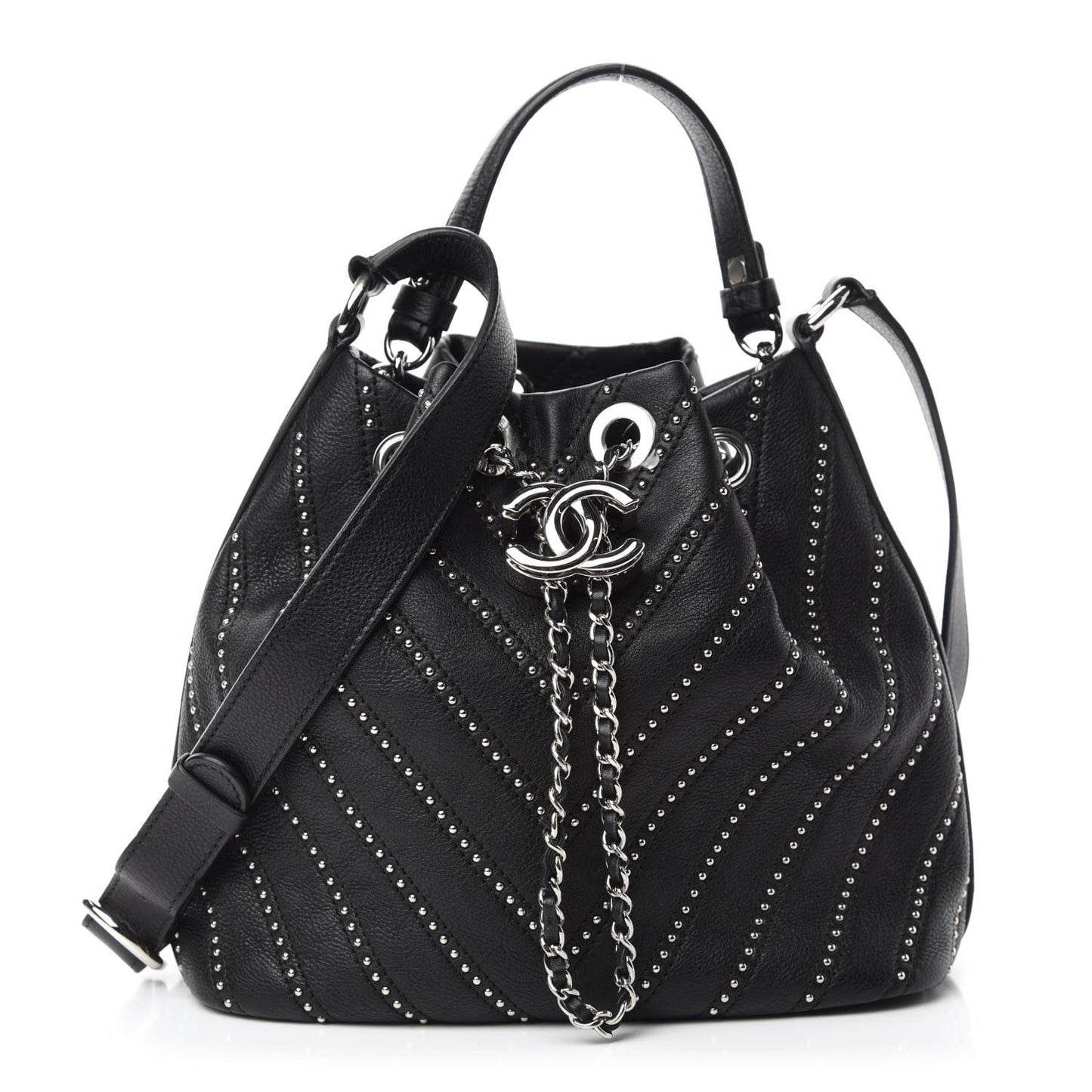 Calfskin Studded Chevron Quilted Stud Wars Drawstring Bag Black
