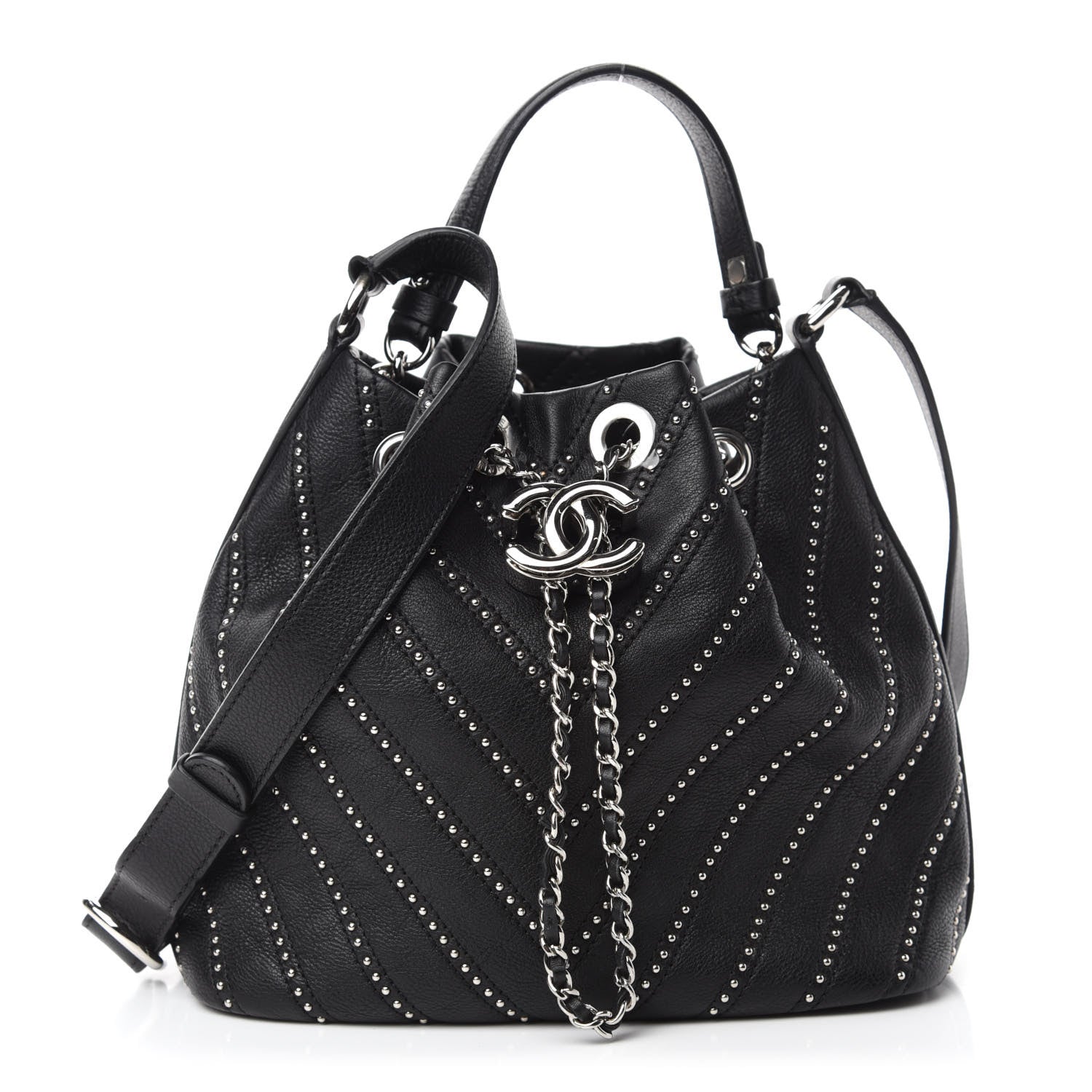 Chanel Calfskin Studded Chevron Quilted Stud Wars Drawstring Bag Black 1 of 10