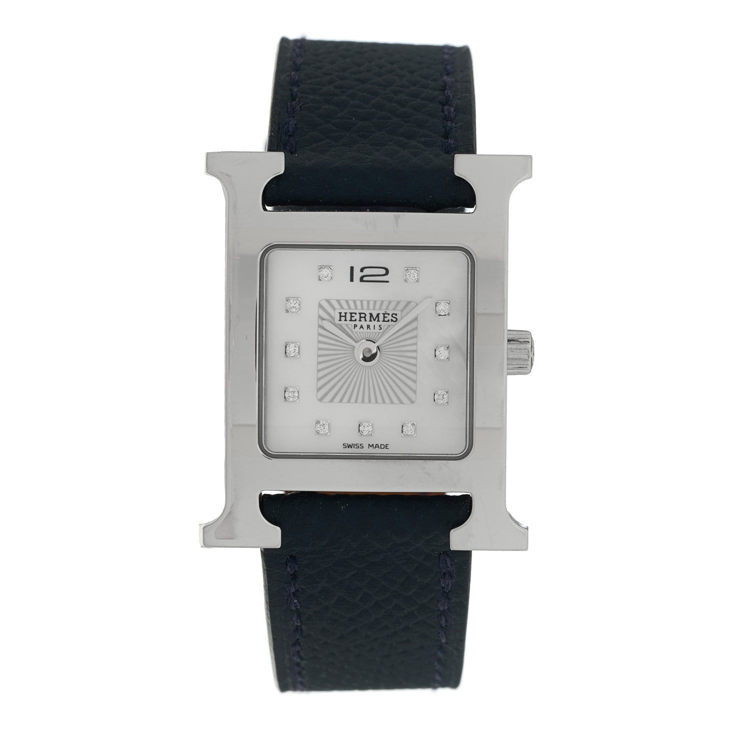 Hermes Stainless Steel Epsom Diamond Mother of Pearl 21mm Heure H Hour Quartz Watch Noir 1 of 5