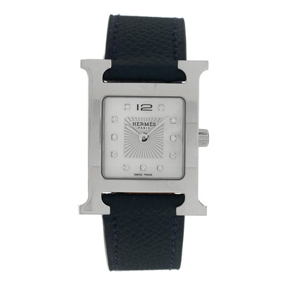 Hermes Stainless Steel Epsom Diamond Mother of Pearl 21mm Heure H Hour Quartz Watch Noir 1 of 5