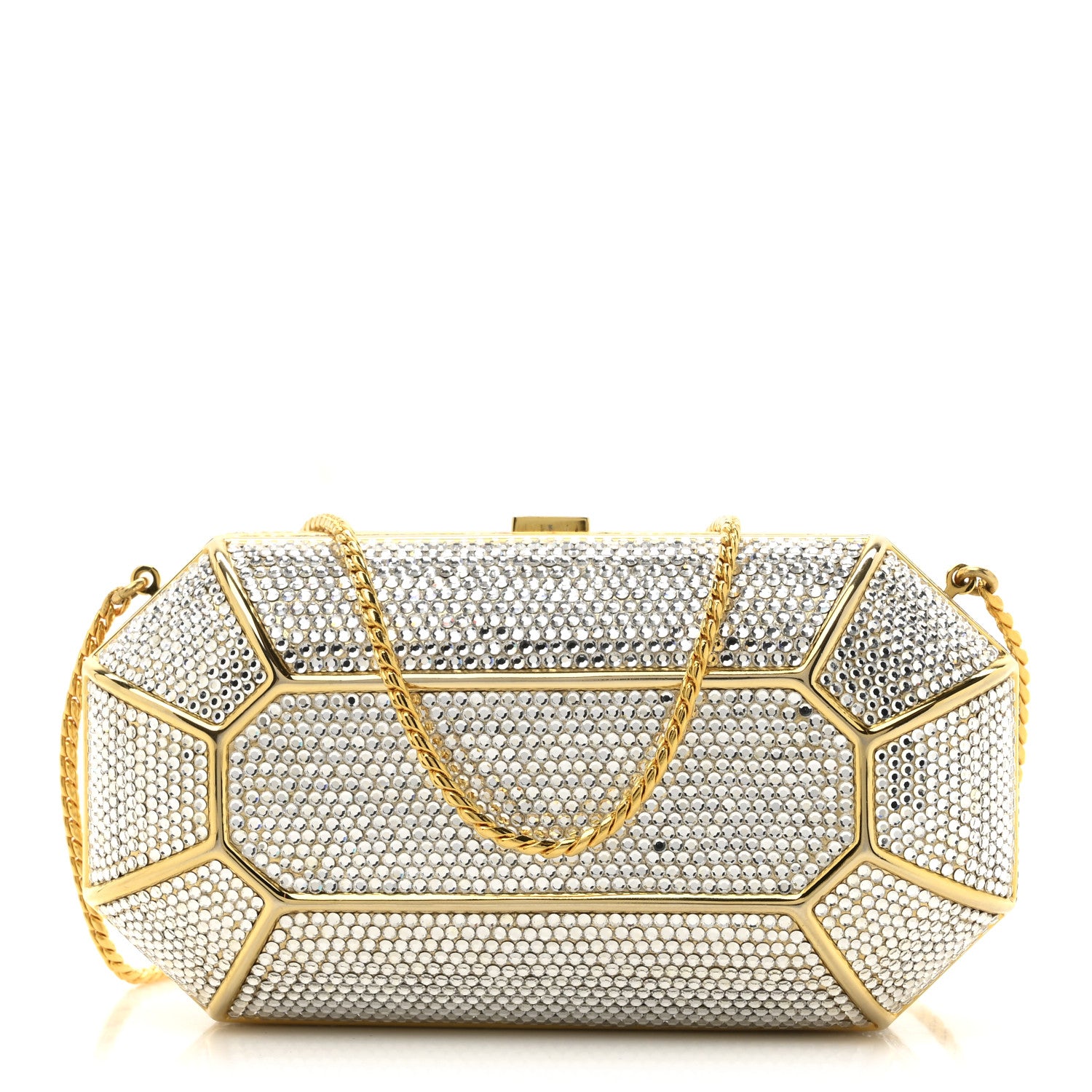 Judith Leiber Swarovski Crystal Minaudiere Clutch Gold Silver 1 of 11