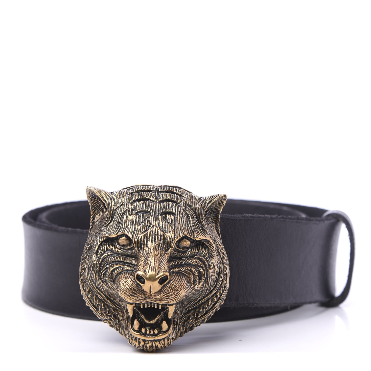 Gucci Calfskin Brass Feline Buckle Belt 80 32 Black 1 of 5