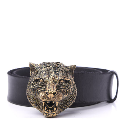 Gucci Calfskin Brass Feline Buckle Belt 80 32 Black 1 of 5