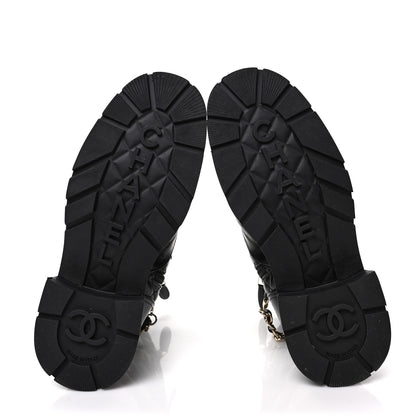 Chanel Shiny Calfskin Patent Quilted Chain Lace Up Combat Boots 37 Black 5 of 8