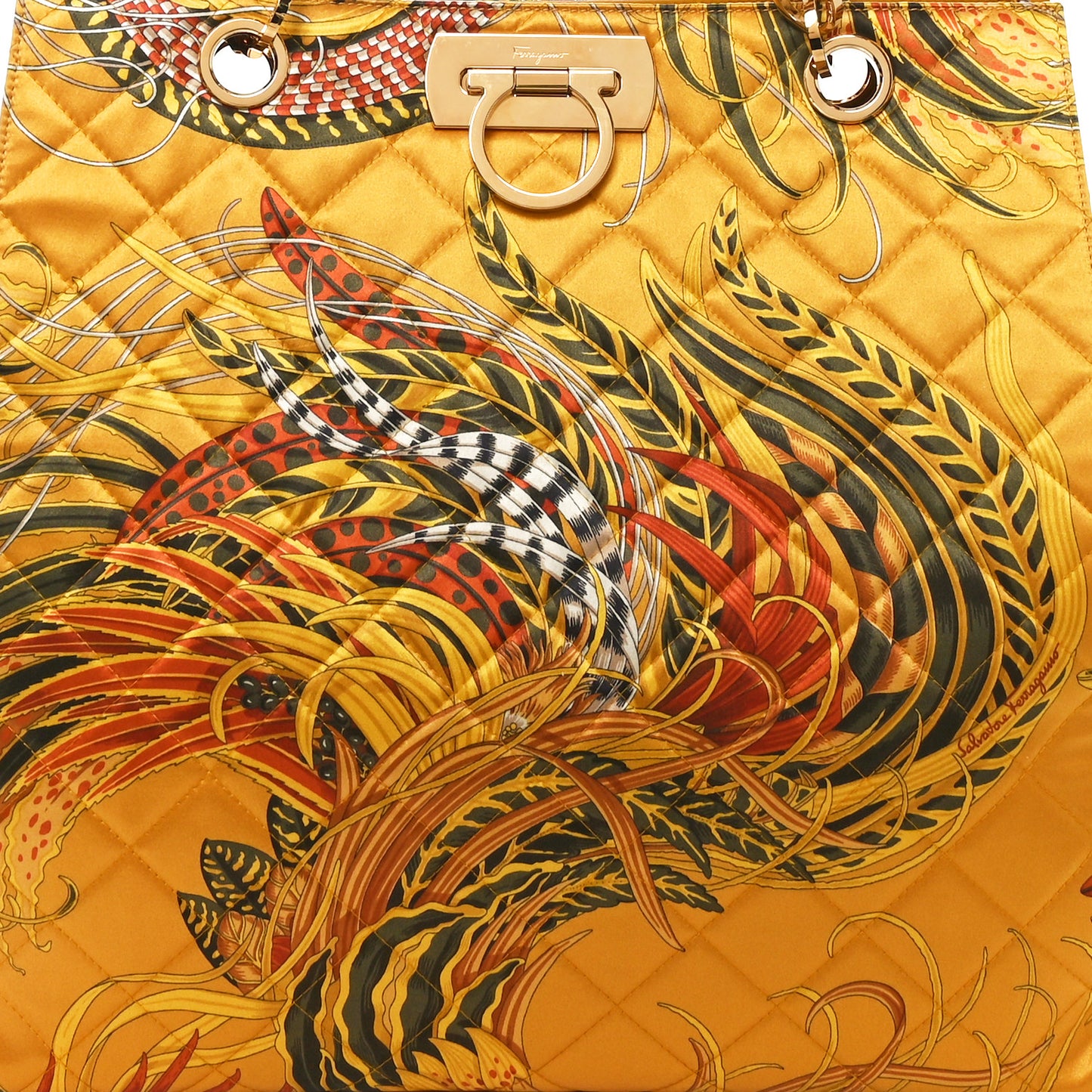 Silk Quilted Printed Gancini Tote Gold Multicolor