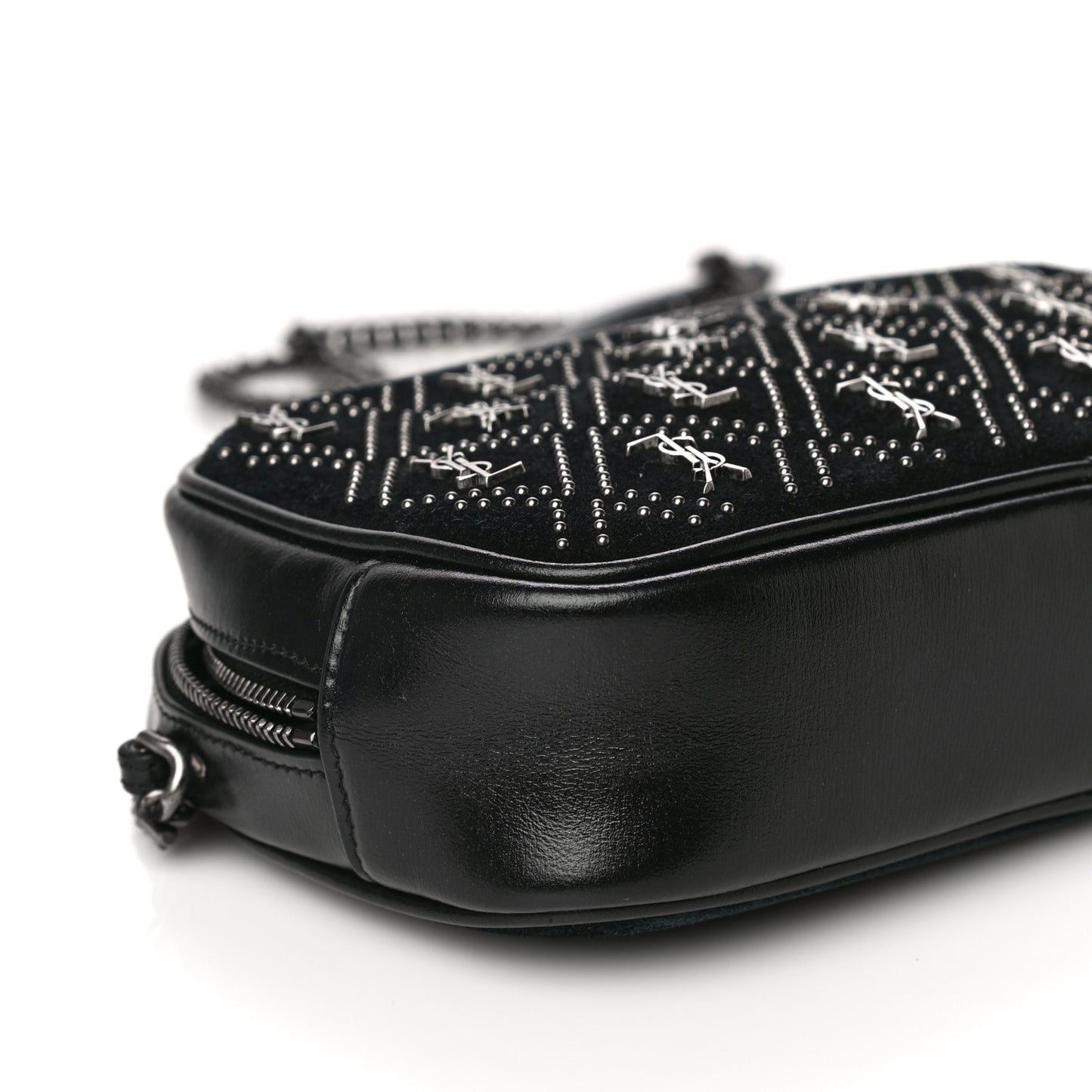 Suede Calfskin Embellished Mini Monogram Lou Camera Bag Black