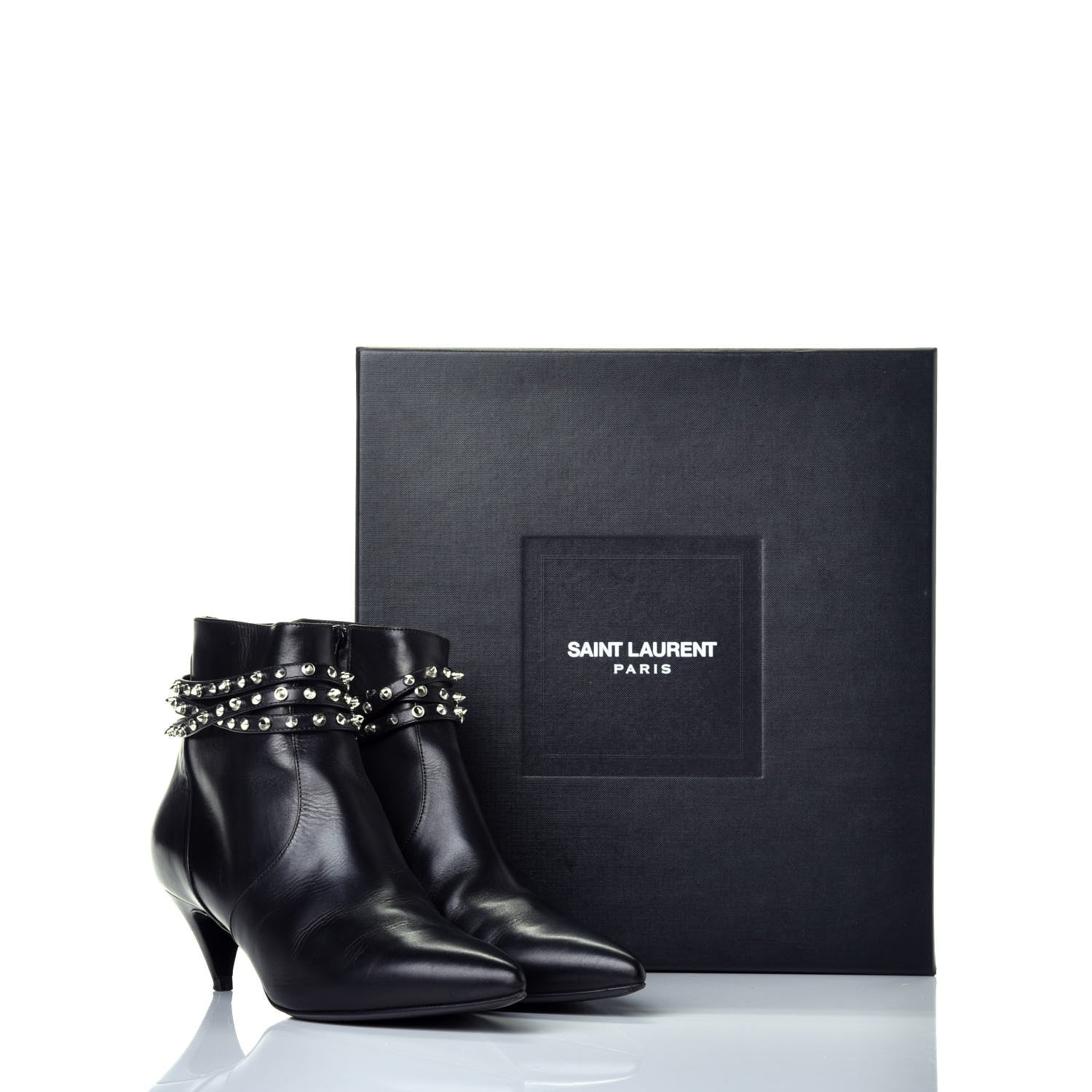 Saint Laurent Calfskin Cat Boot 50 Studded Strap Booties 37.5 Black 10 of 10