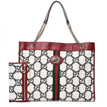 Gucci Tweed GG Monogram Large Rajah Chain Tote White Black Romantic Cherry 1 of 9