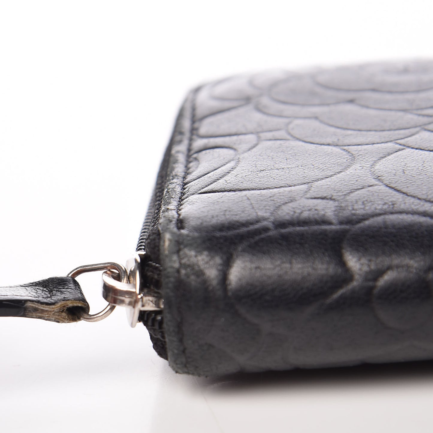 Lambskin Camellia Embossed Large Zip Around Gusset Wallet Black