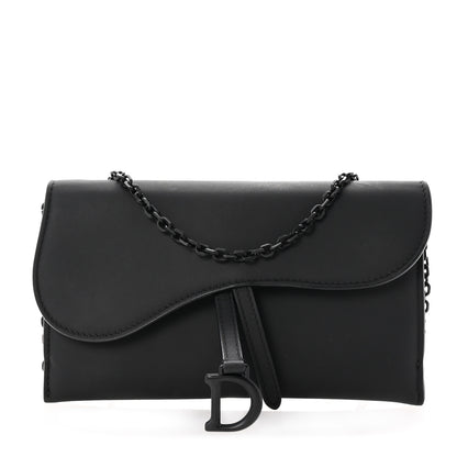 Christian Dior Ultra Matte Calfskin Saddle Chain Wallet Pouch Black 1 of 9