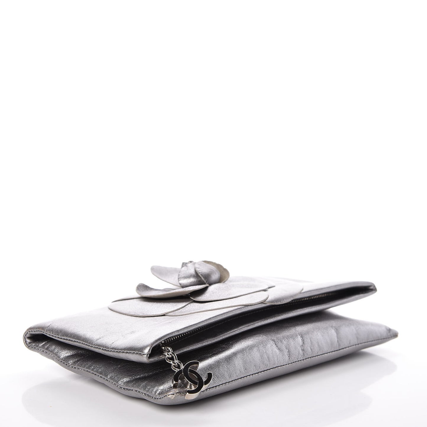 Metallic Lambskin Camellia Beauty Clutch Silver