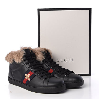 Gucci Calfskin Wool Web Bee Embroidered Mens Ace High Top Sneakers 12.5 Black 10 of 10