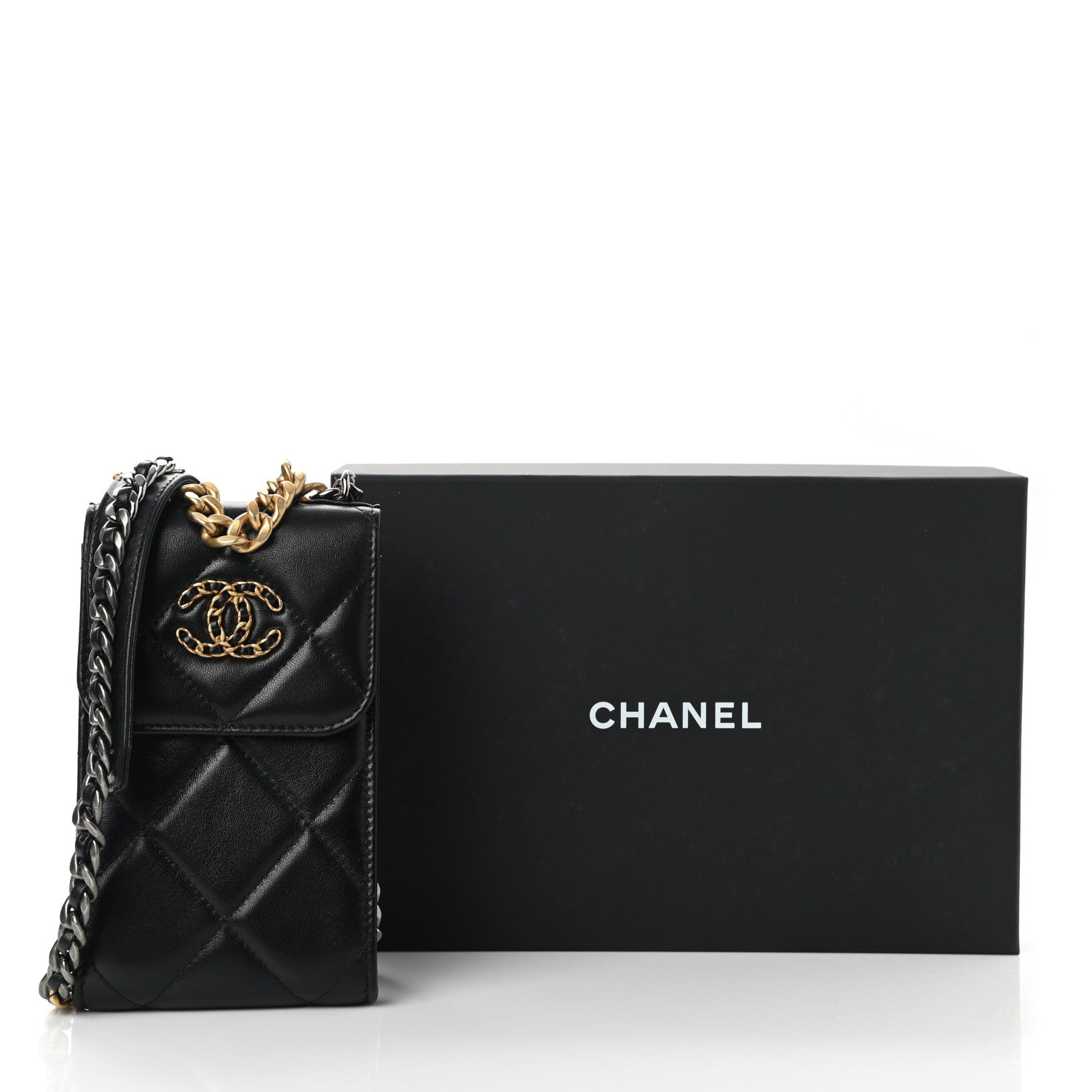 Chanel Lambskin Quilted Chanel 19 Phone Holder With Chain Black 11 of 11